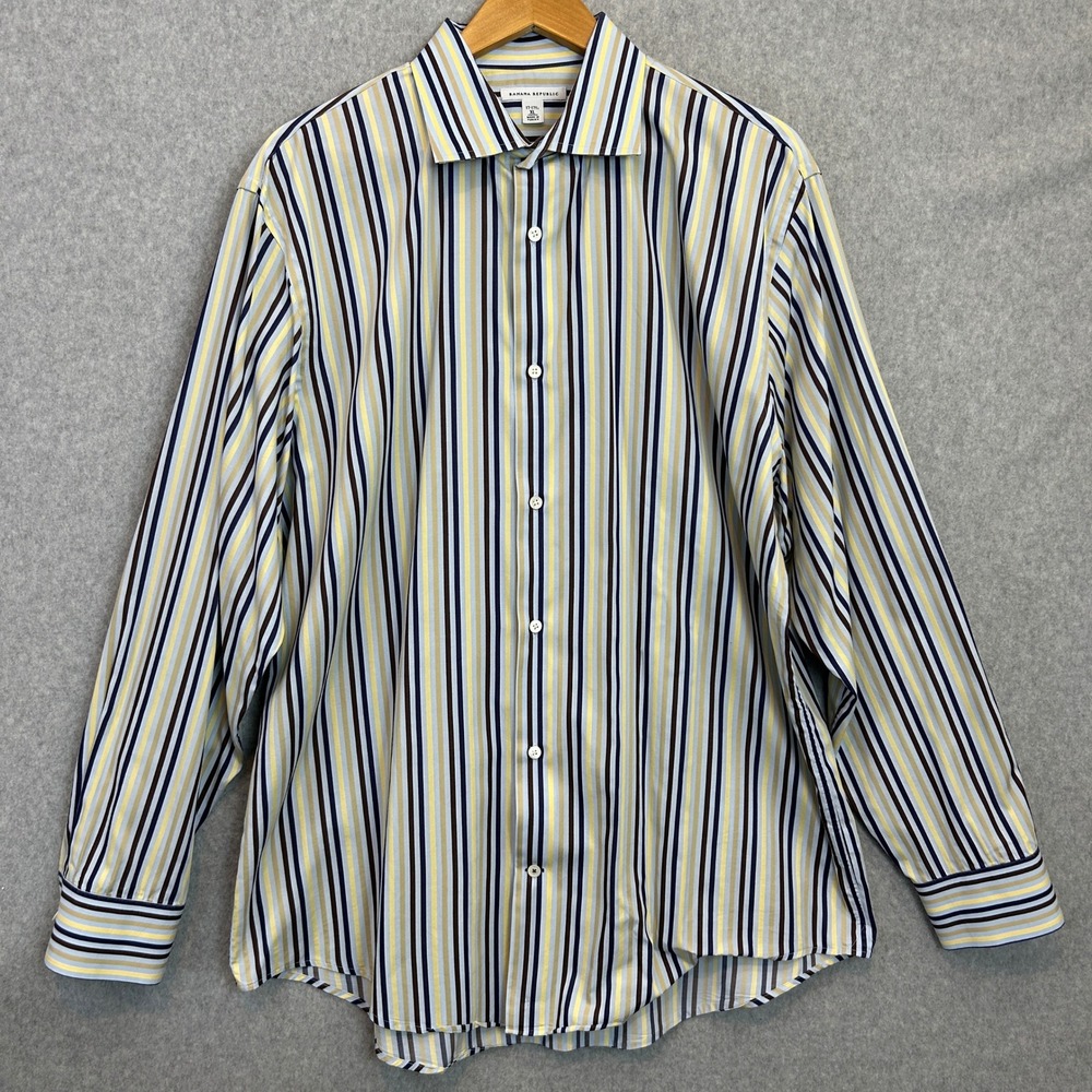 Banana Republic Button Down Shirt Blue Yellow Striped Y2K 2005 Mens XL 17-17.5